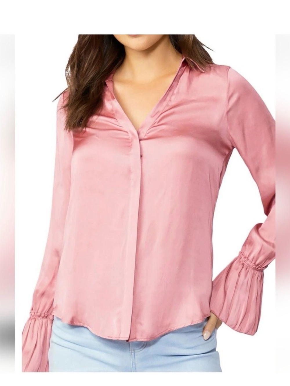 PAIGE Rose Pink Satin V-Neck Blouse with Pleated Bell Sleeves